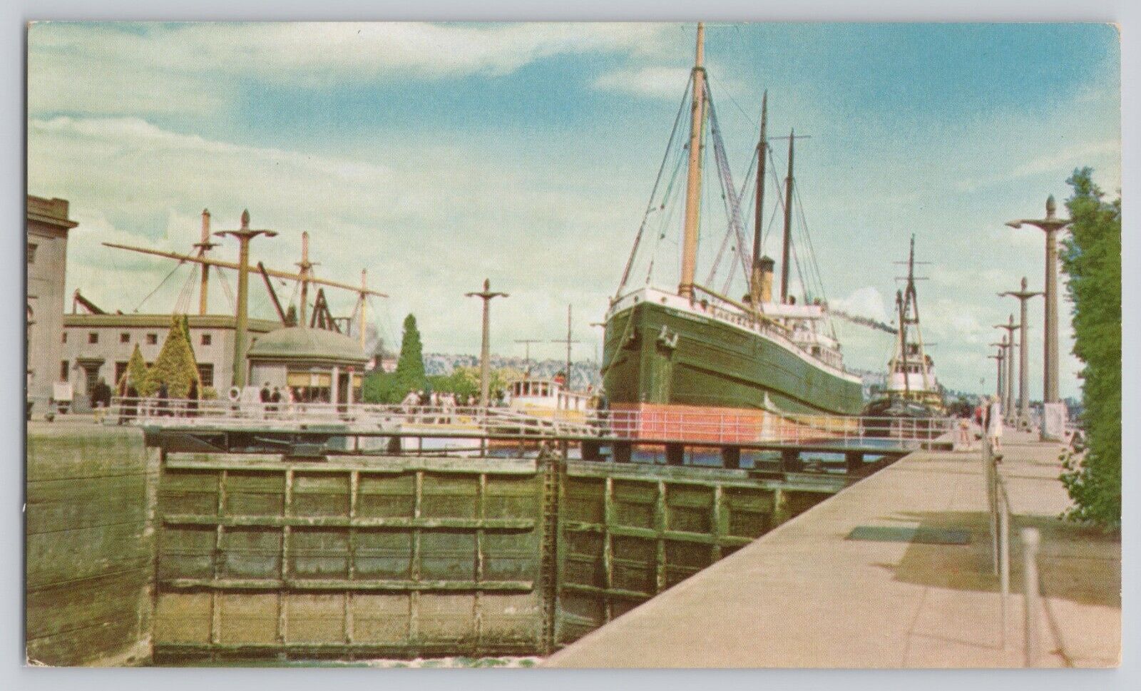 Government Locks (Ballard Locks) Canal Freight Ship Seattle WA 1939 Postcard