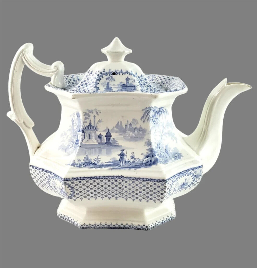 Antique Blue Transfer Ware Tea Pot with English Scene 8 Cups