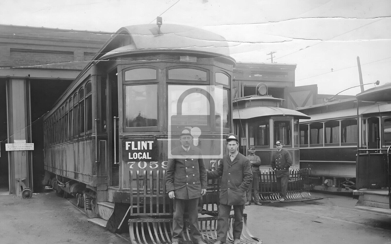 Interurban Trolley Car Station Conductors Flint Michigan MI Reprint Postcard
