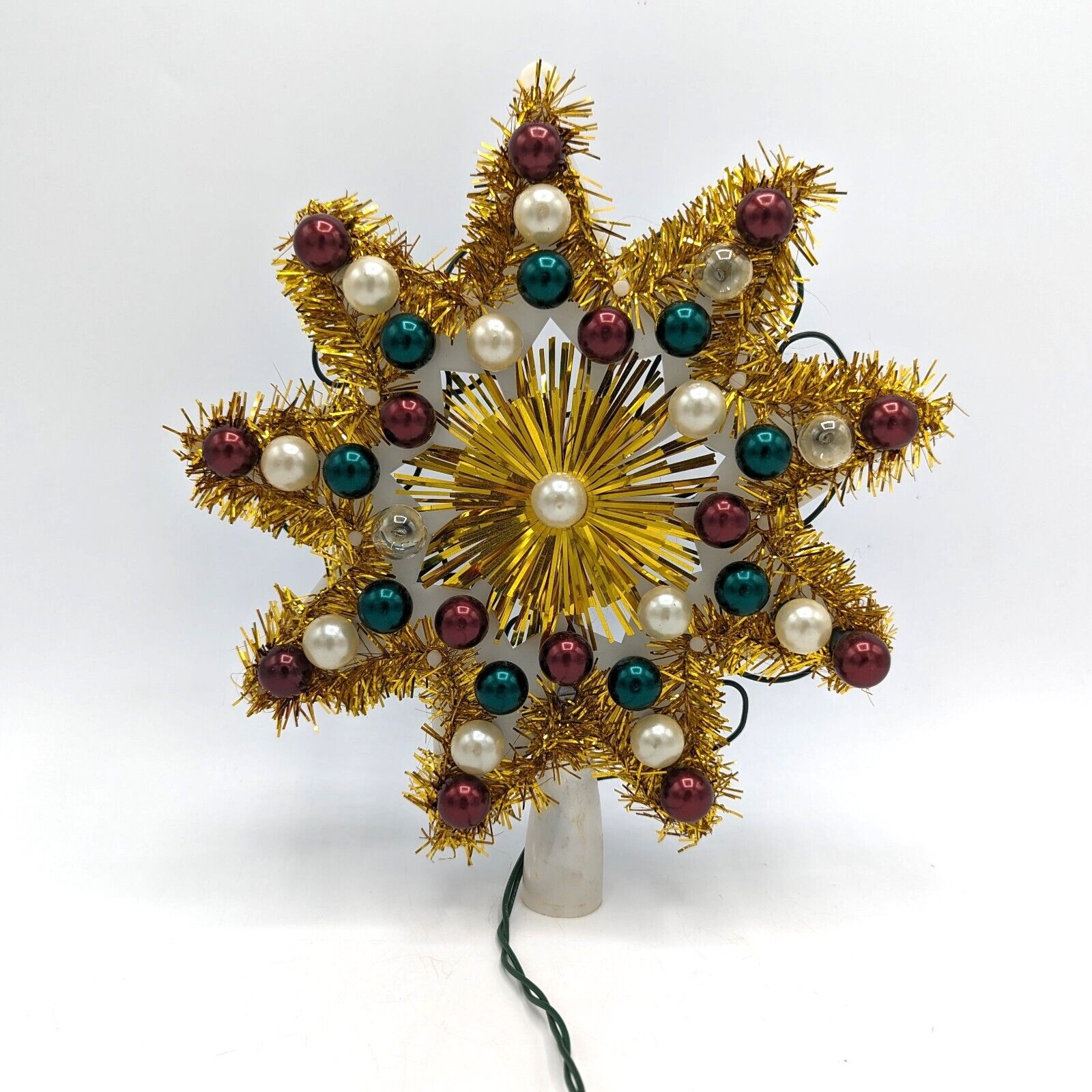 Vintage 1970s Christmas Tree Topper Flocked Star Gold Bead Balls 8