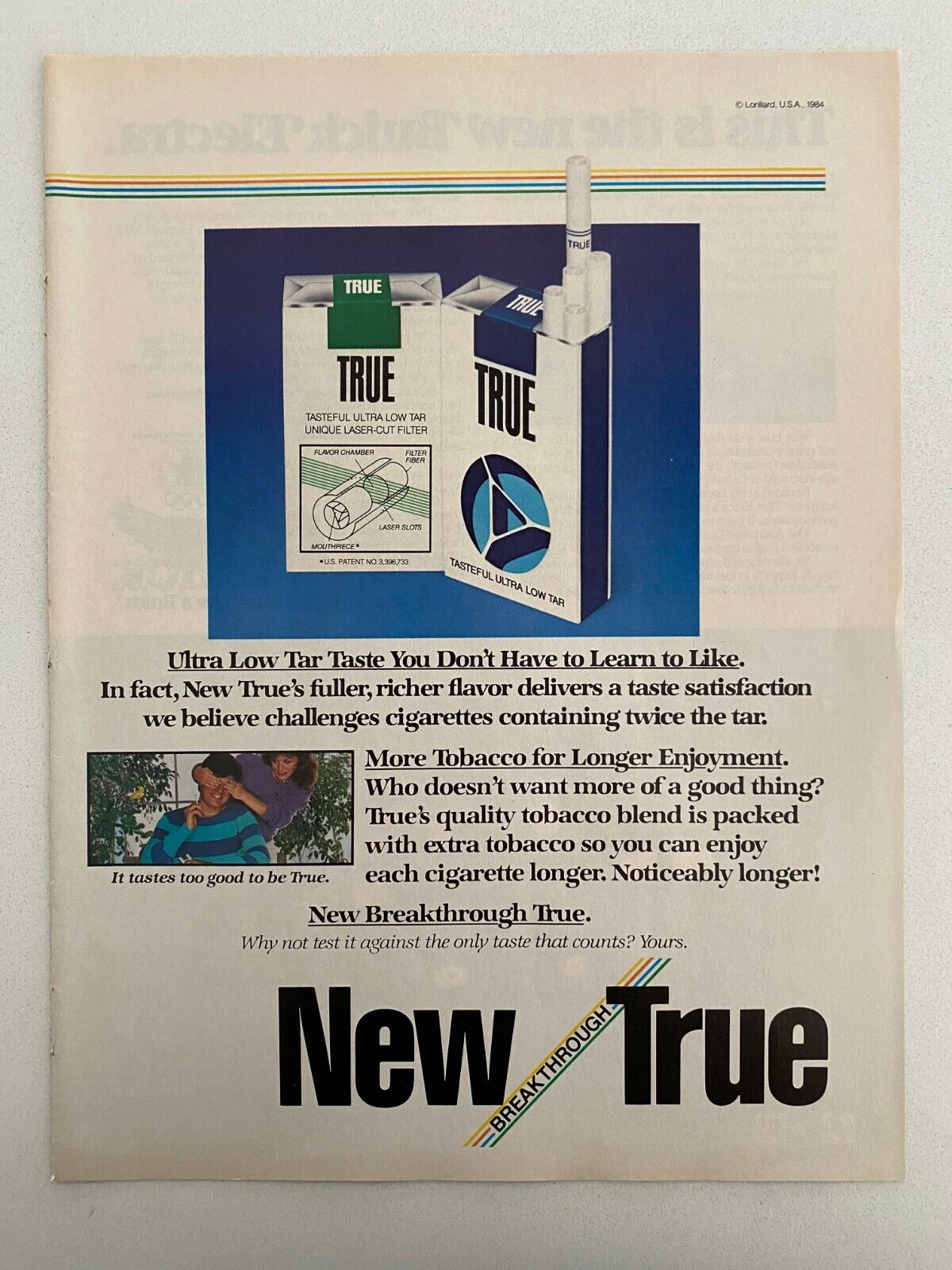 True Ultra Low Tar Cigarettes Vintage 1984 Print Ad