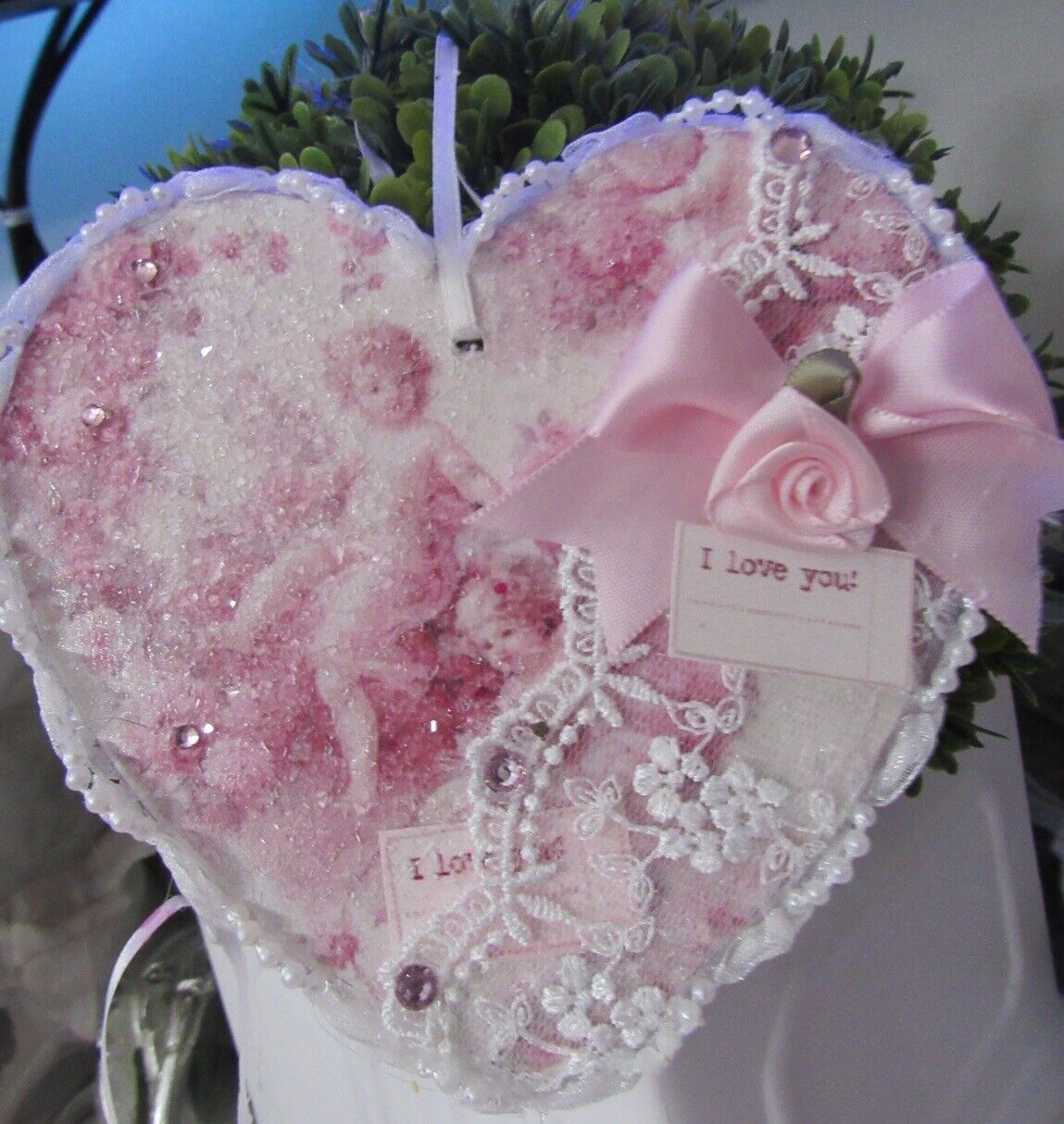 Shabby Chic Pink Roses Victorian Cherub Angel Glitter Love Heart Ornament
