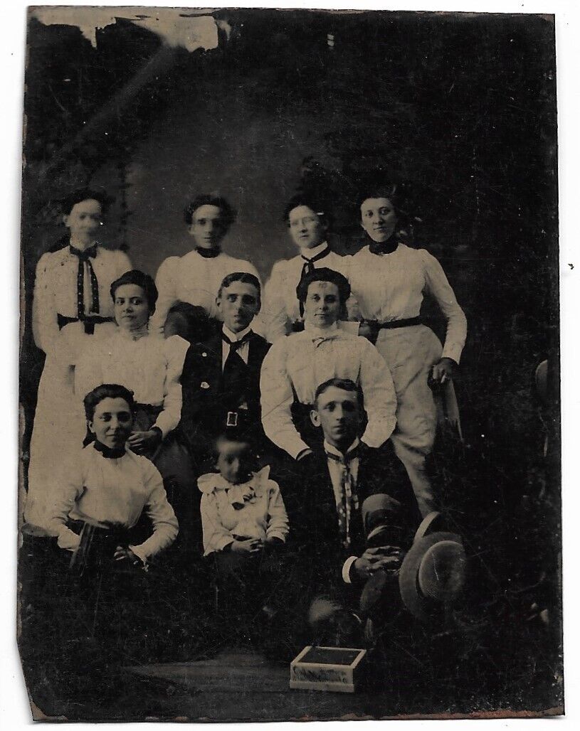 Tintype Photograph Large Group of Ten Individuals Men Women and Child