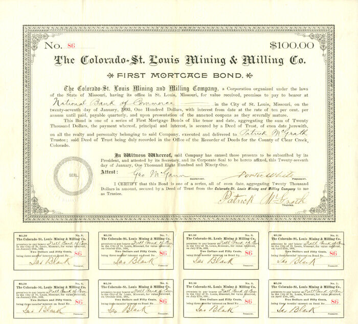 Colorado-St. Louis Mining and Milling Co. - $100.00 - Bond - Mining Stocks