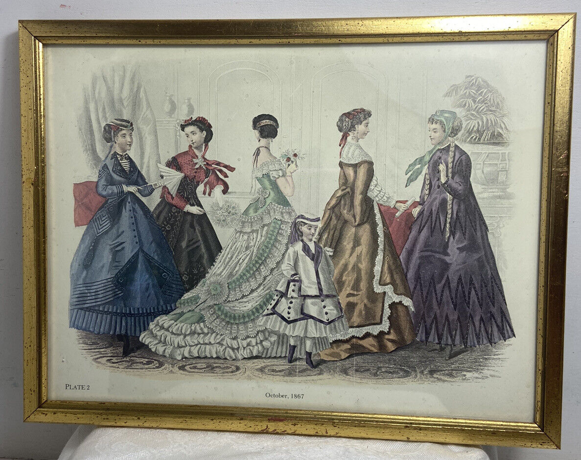 vtg antique gold framed 12x9” Fashion Print December 1867 plate 2 ladies dresses
