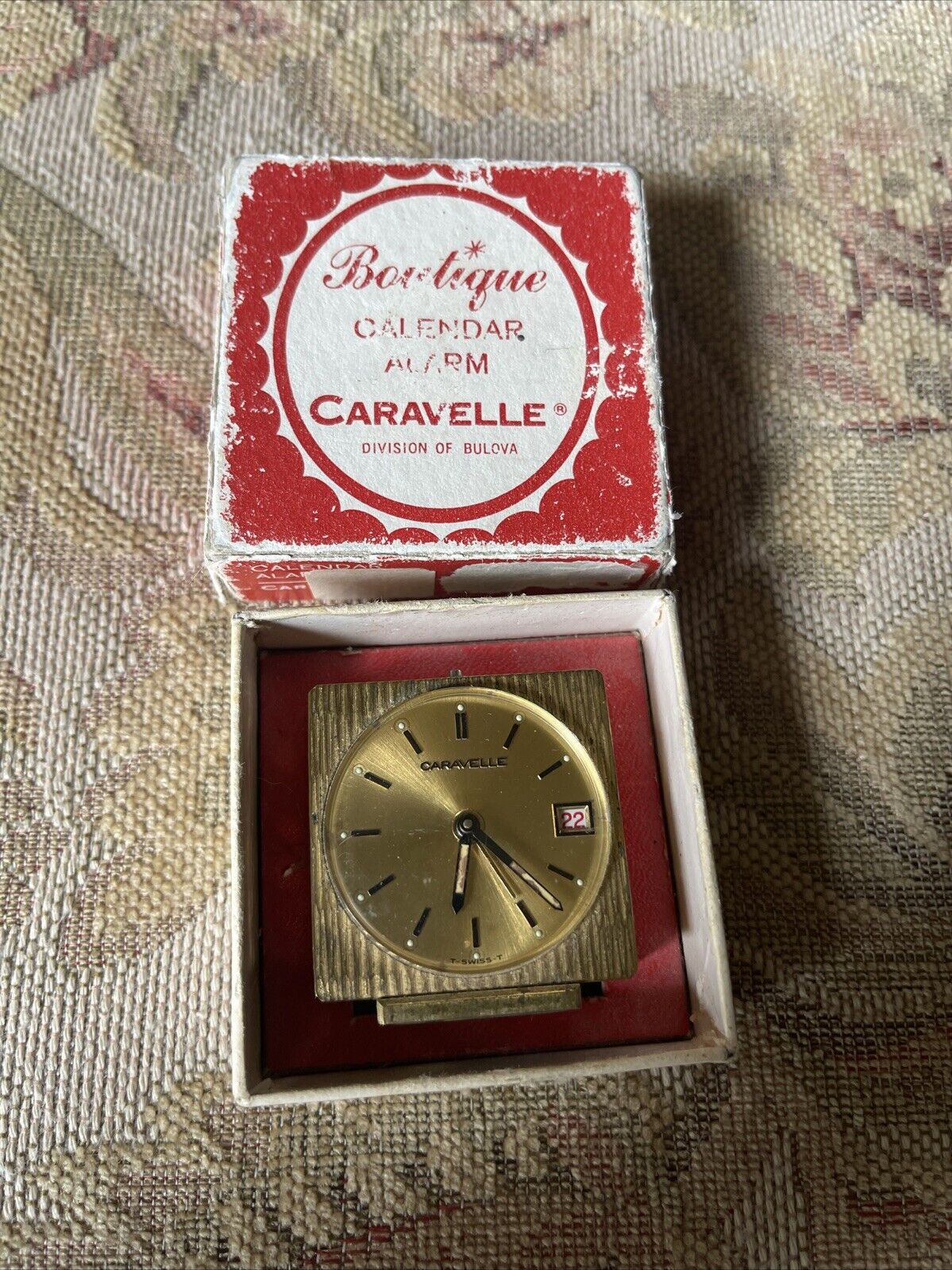 Vintage Swiss Caravelle Division Of Bulova Mini Alarm Clock, 7 Jewels And Date