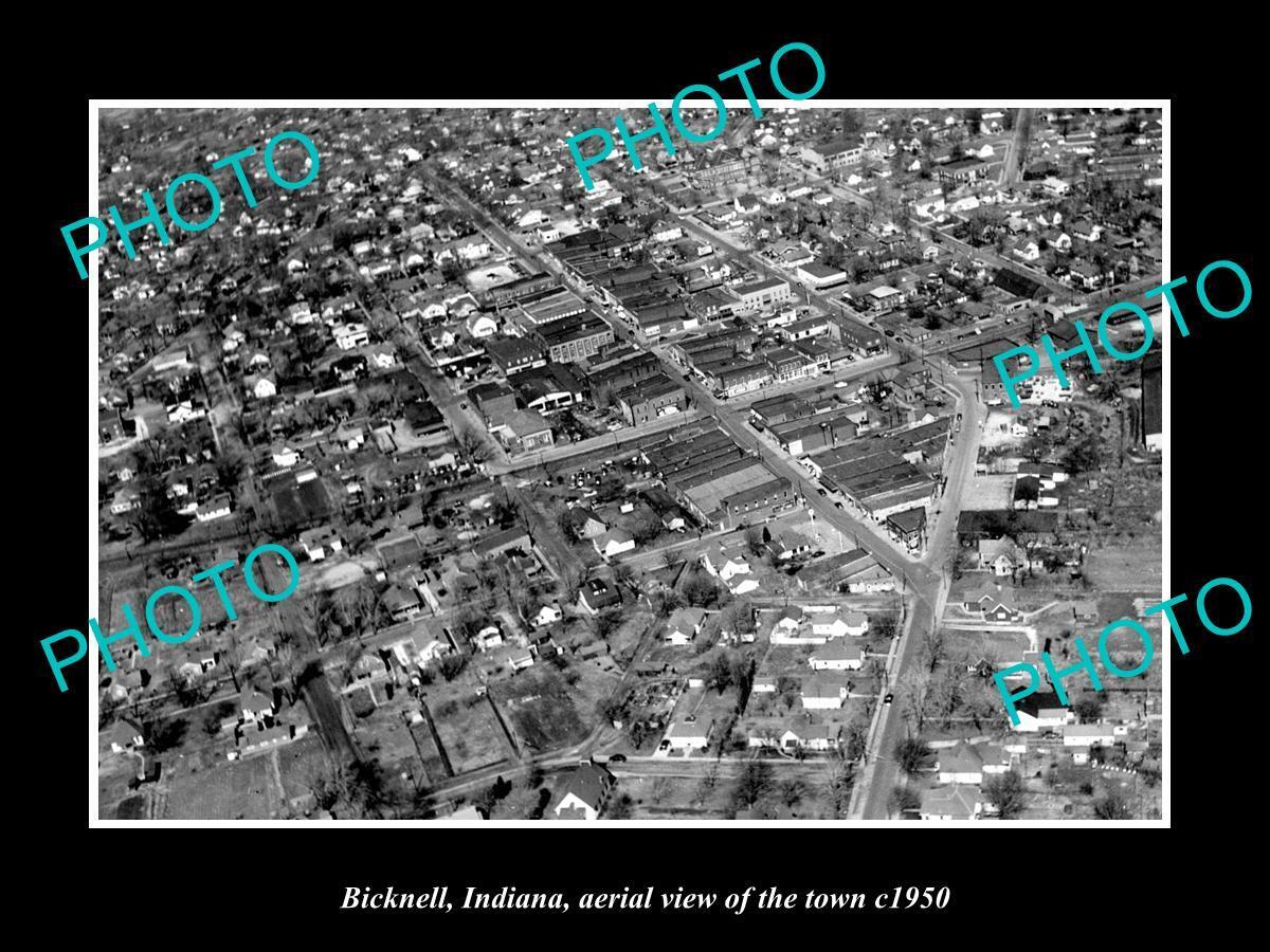 OLD LARGE HISTORIC PHOTO BICKNELL INDIANA, AERIAL VIEW OF THE TOWN c1950
