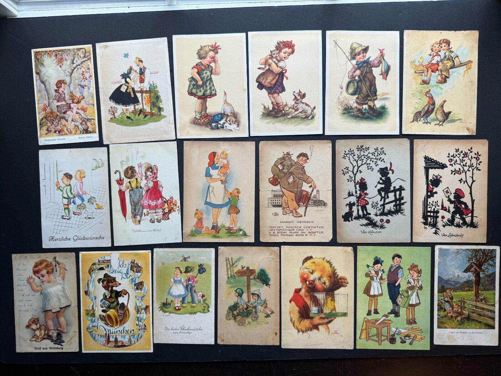19 Vintage Postcards - Russia USSR and Germany - Kids/Cartoon Illustrations
