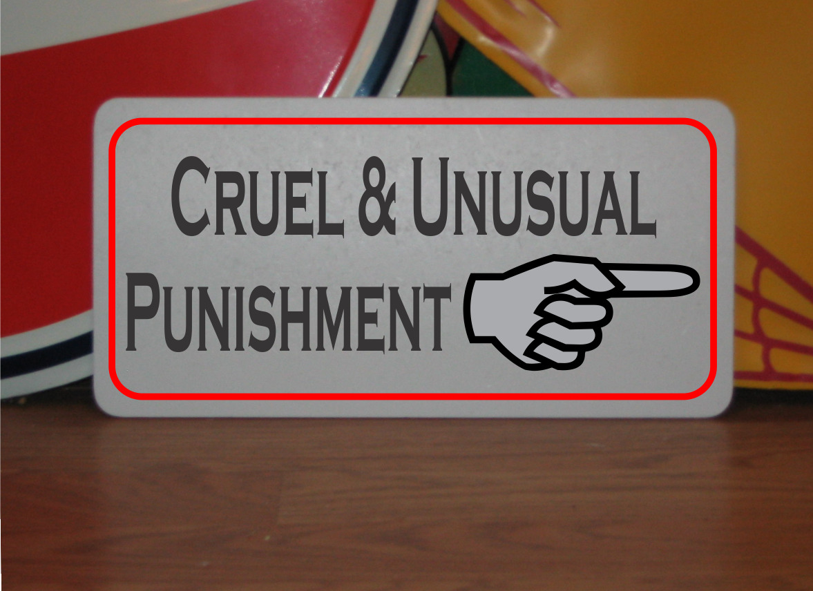 Cruel & Unusual Punishment w/ arrow Metal Sign Funny Demotivational Goth Decor