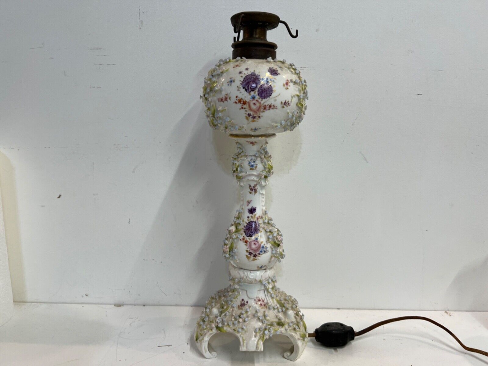 Antique Style of Dresden Porcelain Converted Lamp with Floral Decorations