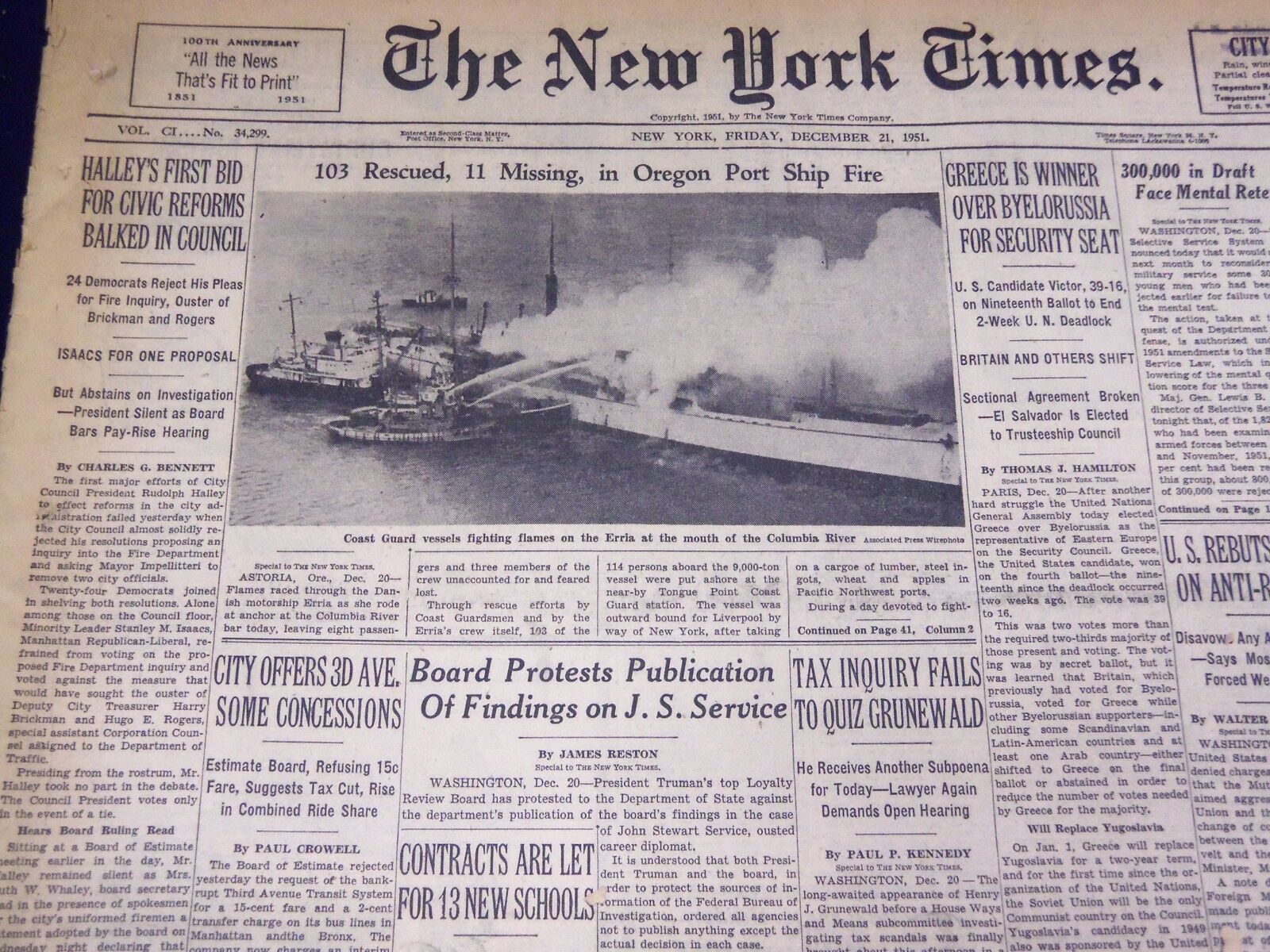 1951 DEC 21 NEW YORK TIMES - 103 RESCUED IN OREGON PORT SHIP FIRE - NT 2262