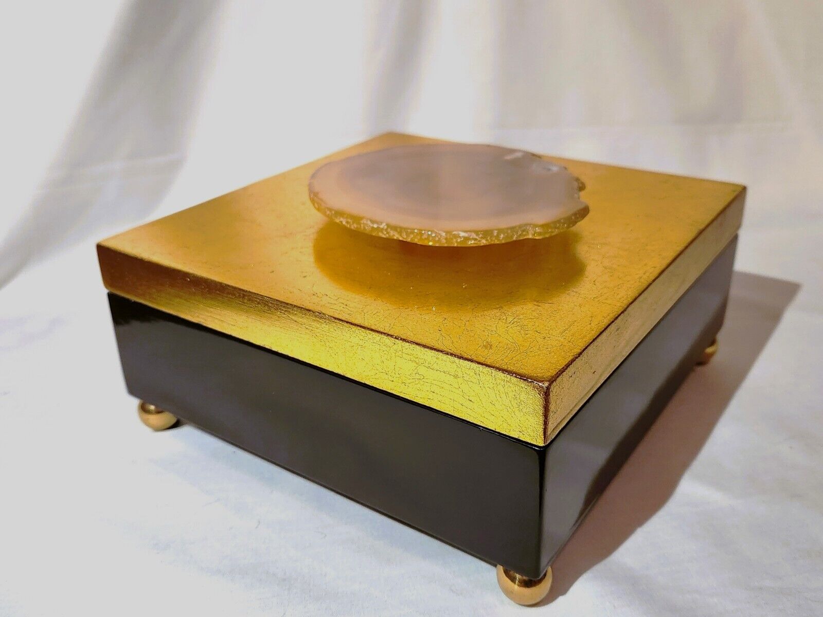 JOHN RICHARD ACCENTS Footed Wood Box–Geode Accent–Gold Leaf/Black Wood-2015