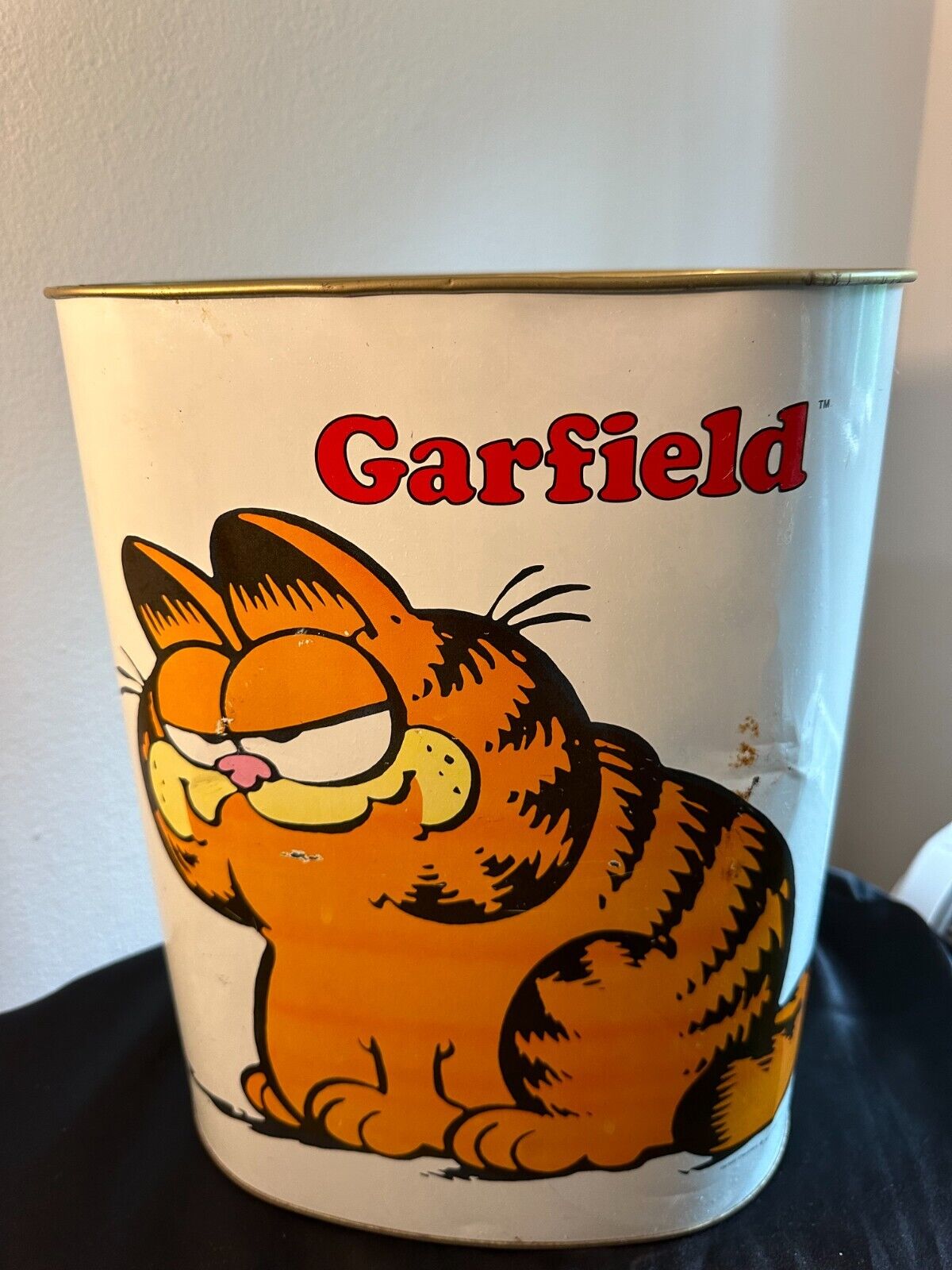 Garfield Vintage 1978 Cat Metal Trash Can Double Sided Cheinco Made USA