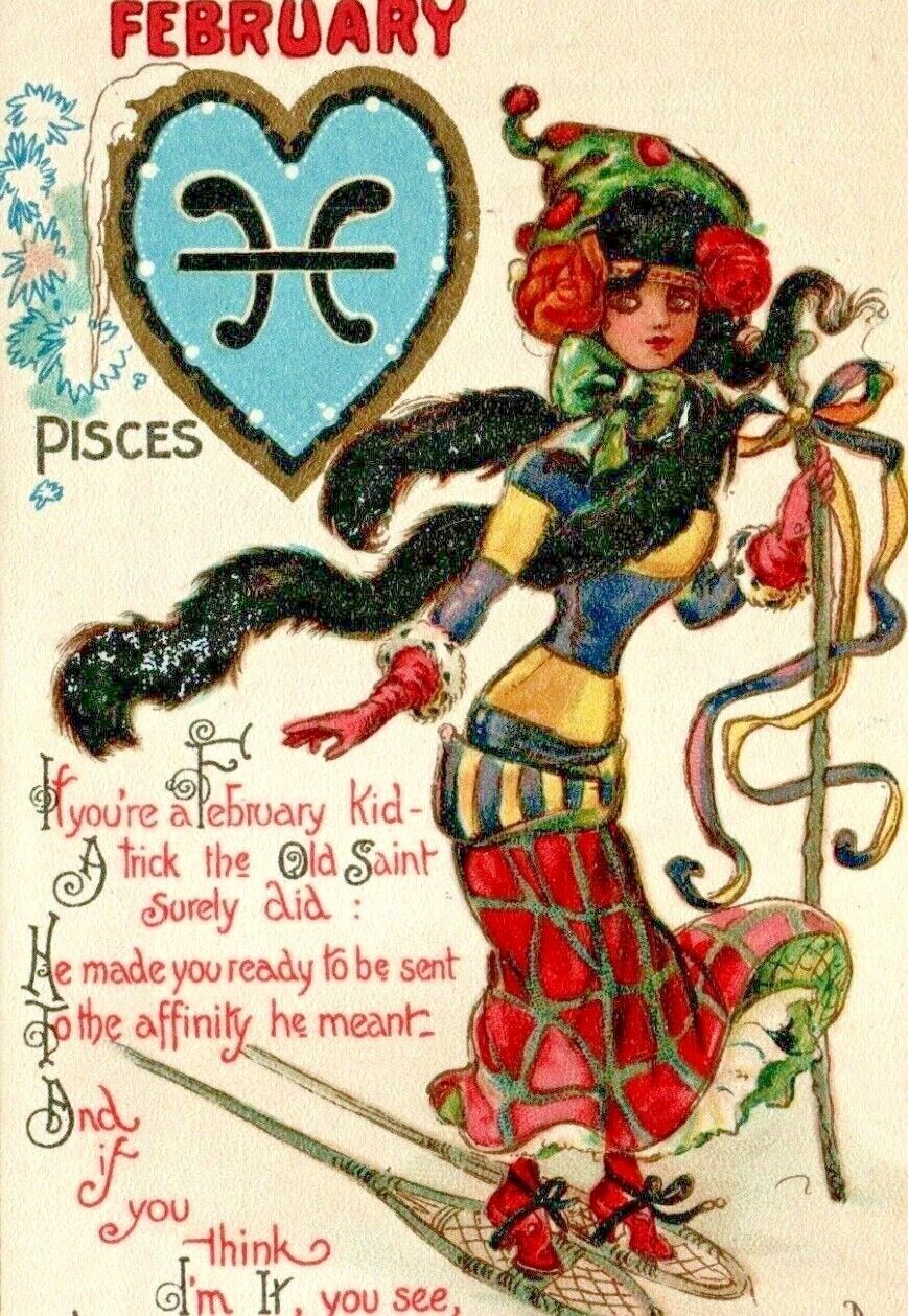C.1907-14 February Pisces Zodiac Series Valentine 128 Raphael Tuck Dwig Postcard