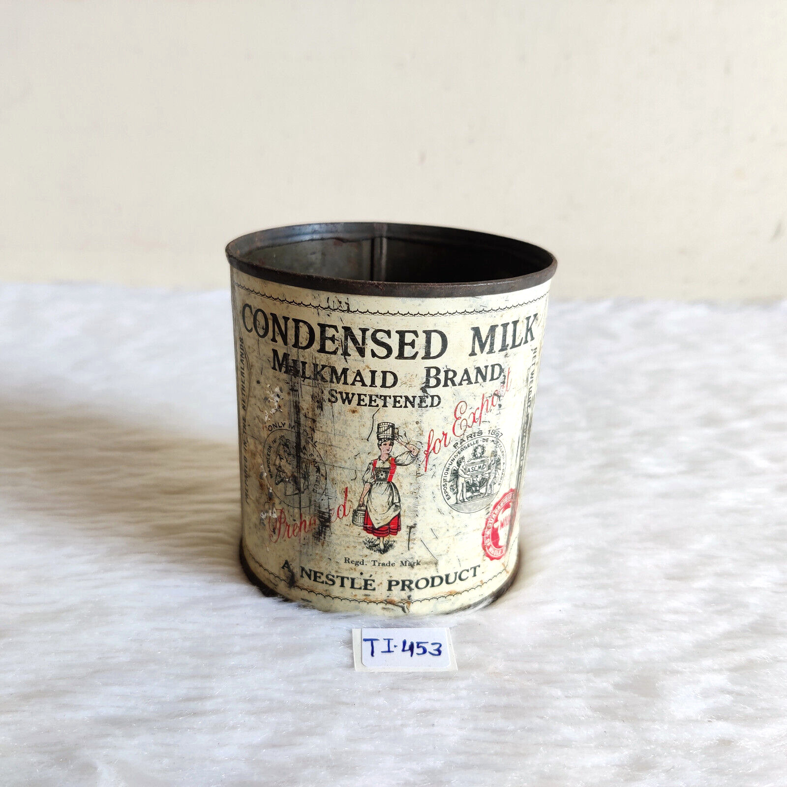 1940s Vintage Nestle Advertising Milkmaid Condensed Milk Tin Round Box TI453