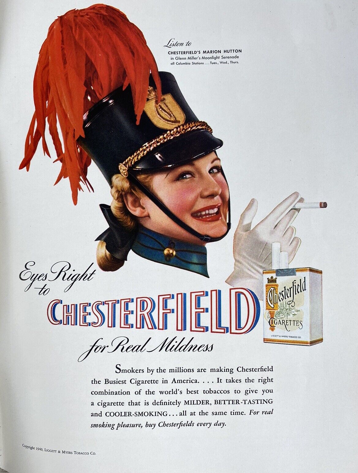 1940 Chesterfield Cigarettes Vintage Print Ad Magazine Marion Hutton