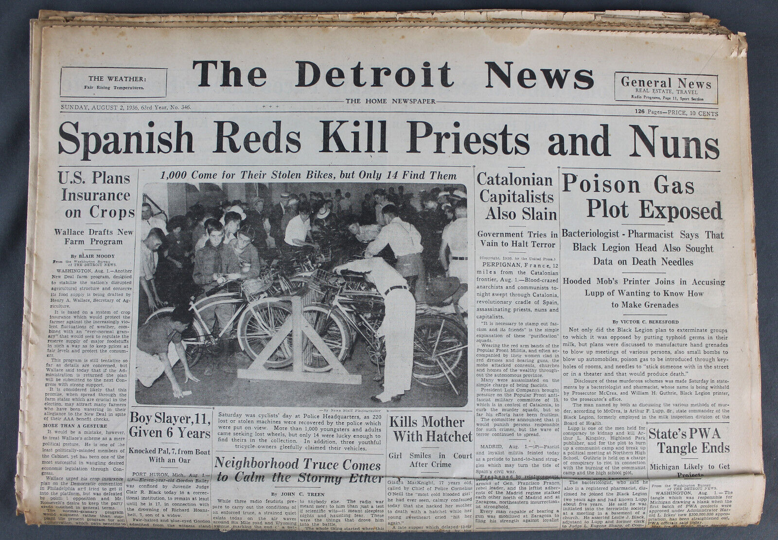 1936 Detroit Free Press Newspaper-Lou Gehrig, Berlin Olympics, Spanish Civil War