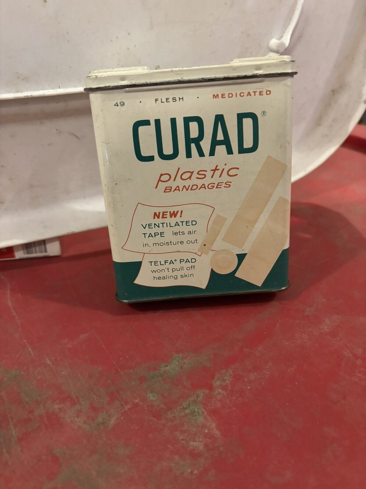 Vintage CURAD Bandages Metal Tin Box with Flip Top Advertising Prop