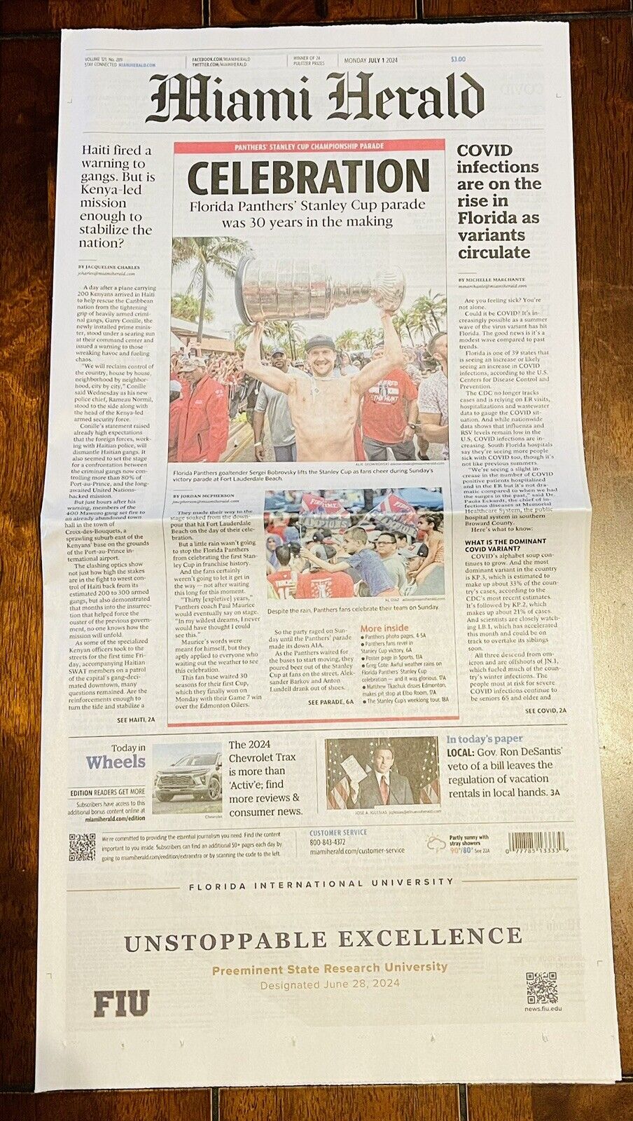 🏆FLORIDA PANTHERS STANLEY CUP CELEBRATION PARADE 2024 MIAMI HERALD FRONT PAGE