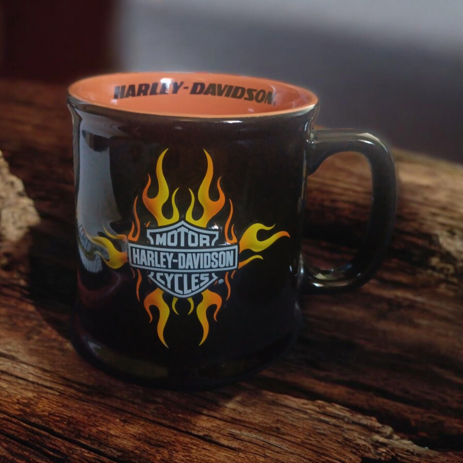 Vintage 2001 Harley Davidson Flame Coffee Mug Cup Ceramic Glazed Black Orange