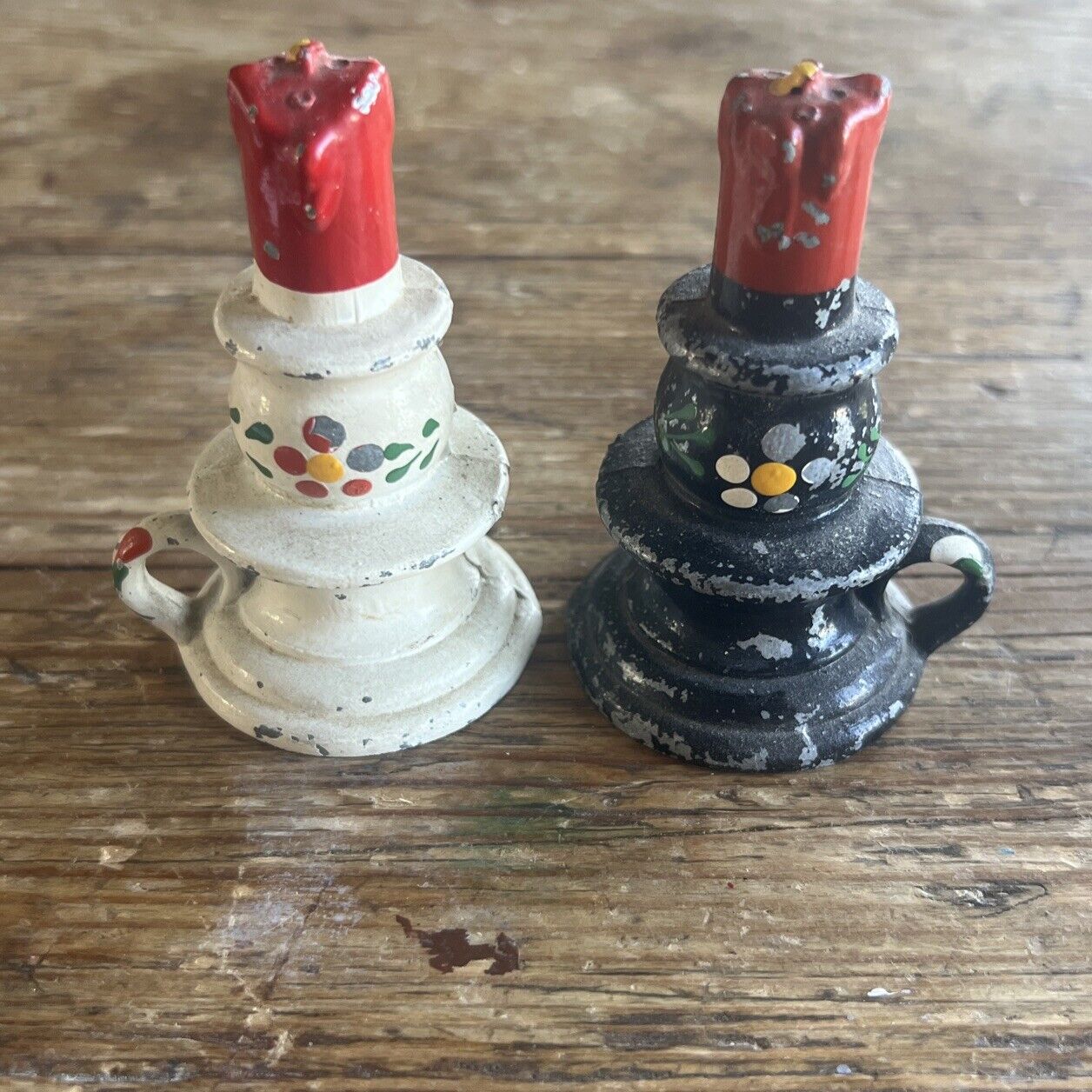 Vintage Cast Metal Painted Candlestick Salt and Pepper Shakers
