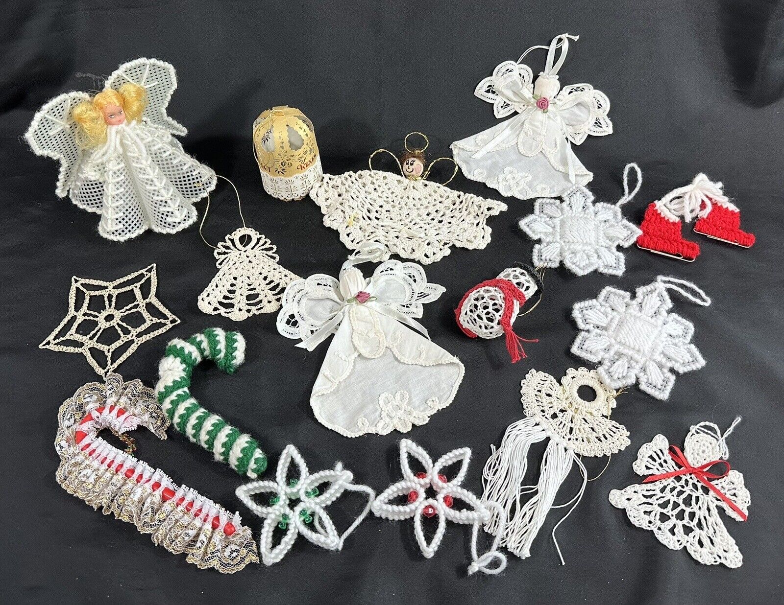 Vtg Lot of 17 Assorted Christmas Ornaments - Crochet - Canvas - Lace - Doilies