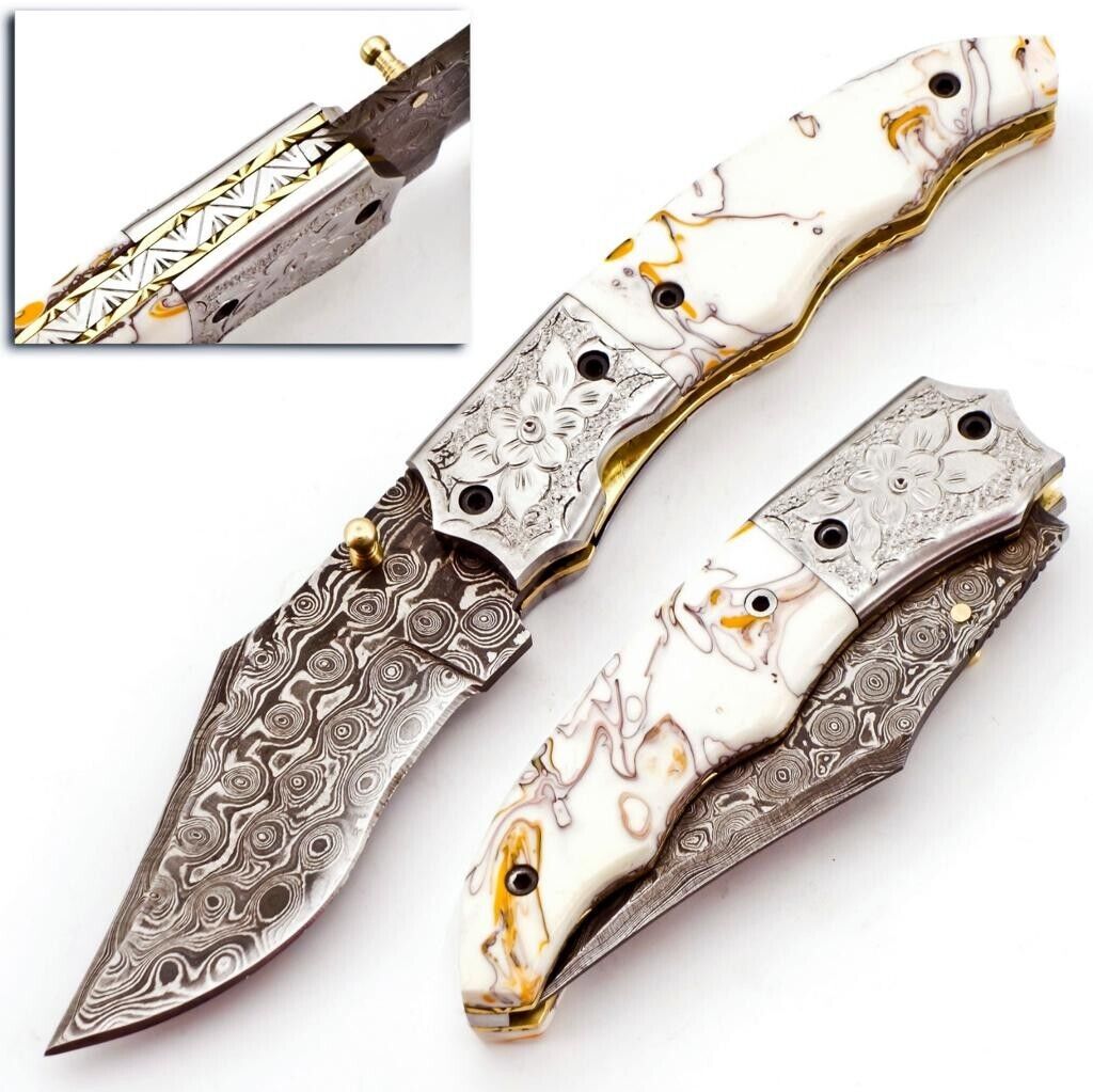 Custom HAND FORGED Damascus Steel Hunting Folding Resin Handled Pocket Knife5985
