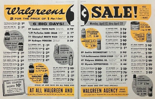 Rare Big 1961 Original Vintage Walgreens Pharmacy Store 1 Penny Sale Two Page AD