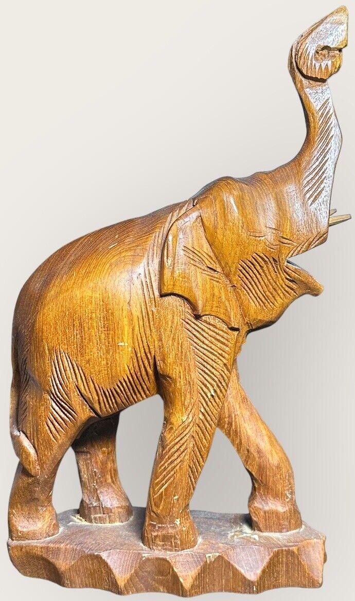 Vintage Hand Carved Teak Wood Elephant Figure With Trunk Home Decor. Up 14\