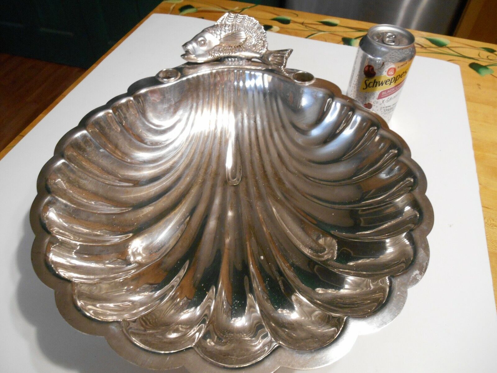 lge vintage signed seashell silverplate shrimp cocktail server hors d oeuvres