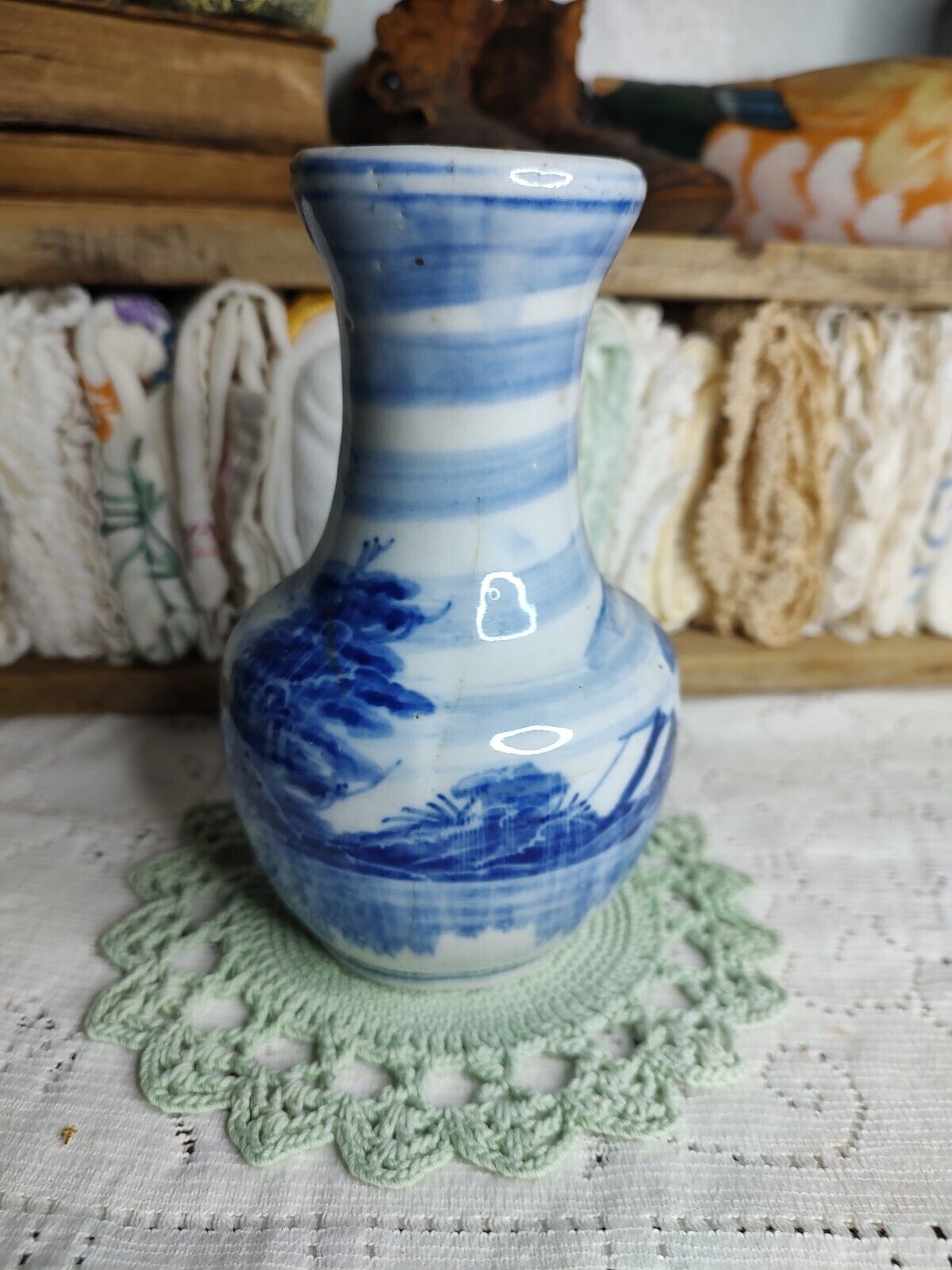 Vintage 1971 Flow Blue Willow Hand Painted Vase
