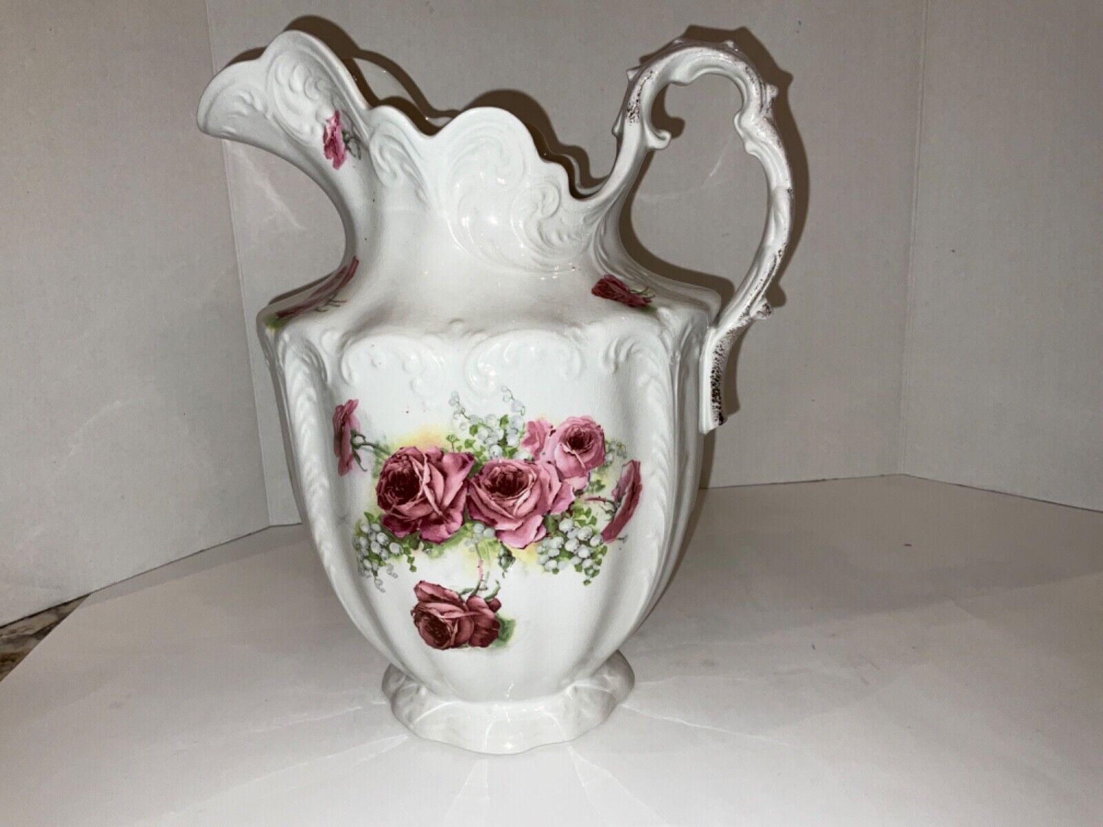 Stunning Large 12” Antique White Pitcher Pink Roses Marquette Co Rare