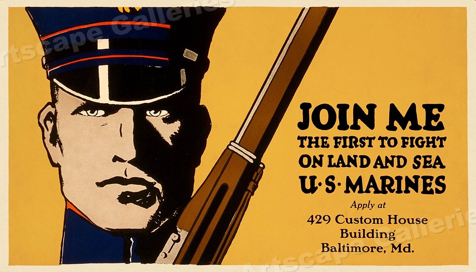Join Me US Marines On Land and Sea 1914 WWI Recruiting Poster - 14x24