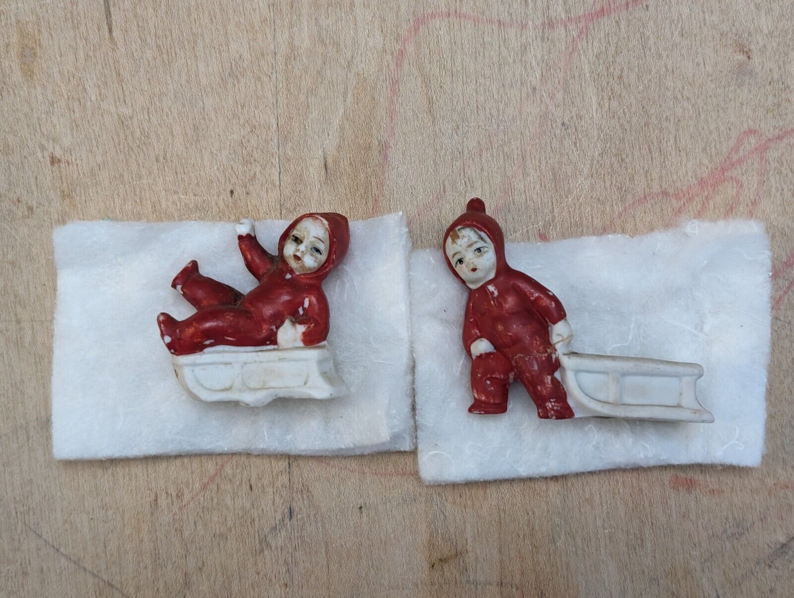 Kitsch German Bisque Snowbabies With Sleds Small Porcelain Antique Red White 
