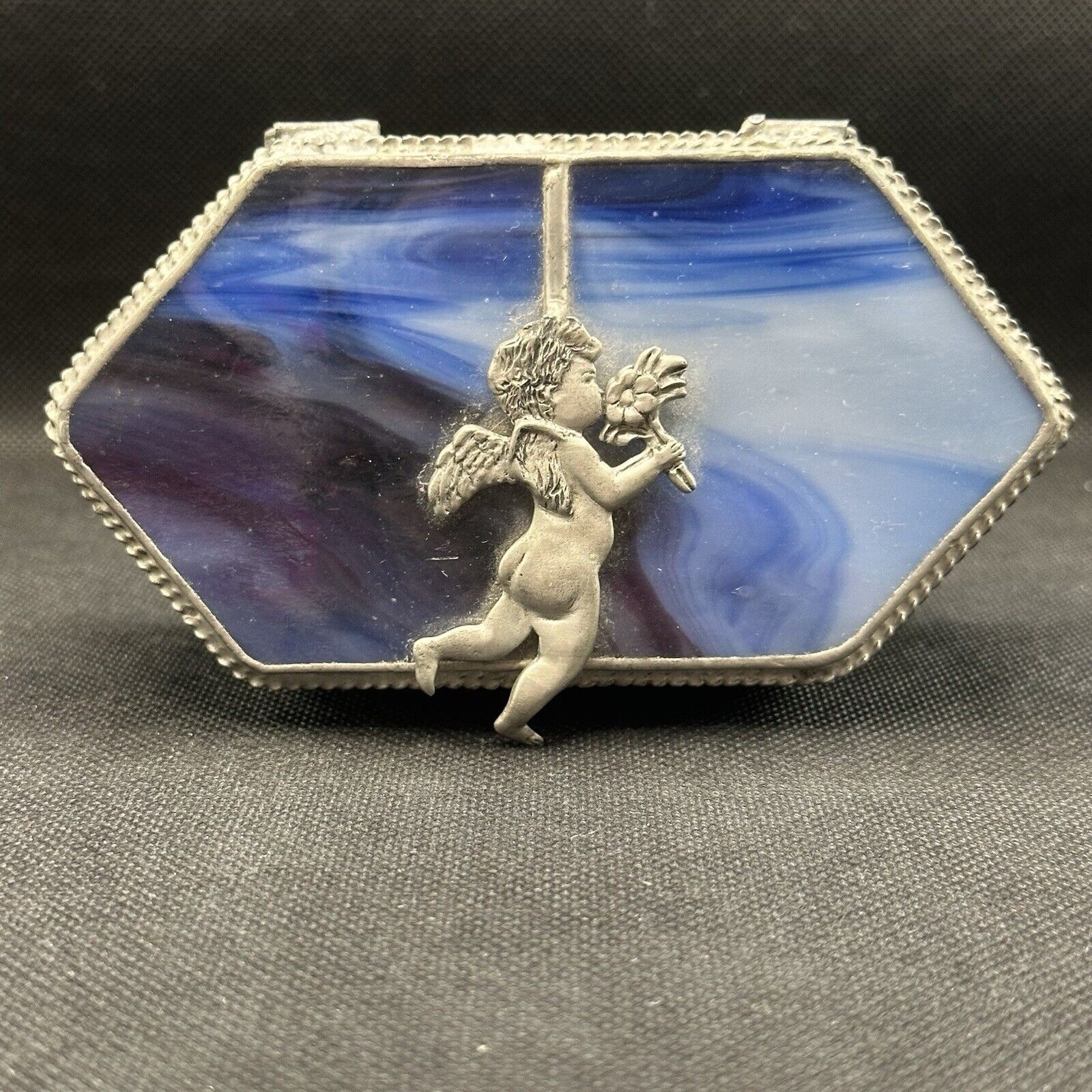 Vintage Stained Glass Trinket Box Pewter Angel Cobalt Blue Glass Mirrored bottom
