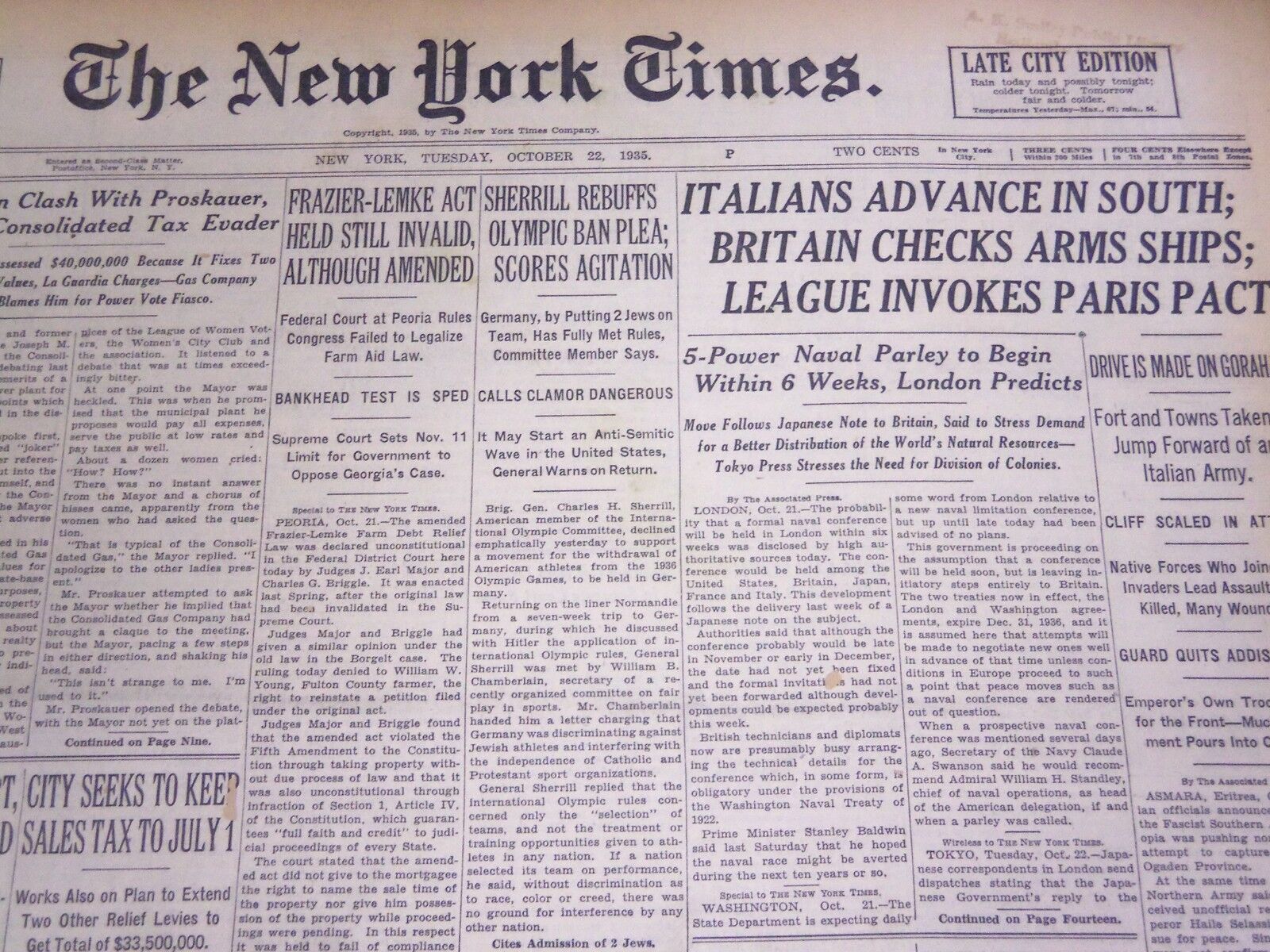 1935 OCTOBER 22 NEW YORK TIMES - SHERRILL REBUFFS OLYMPIC BAN PLEA - NT 4913