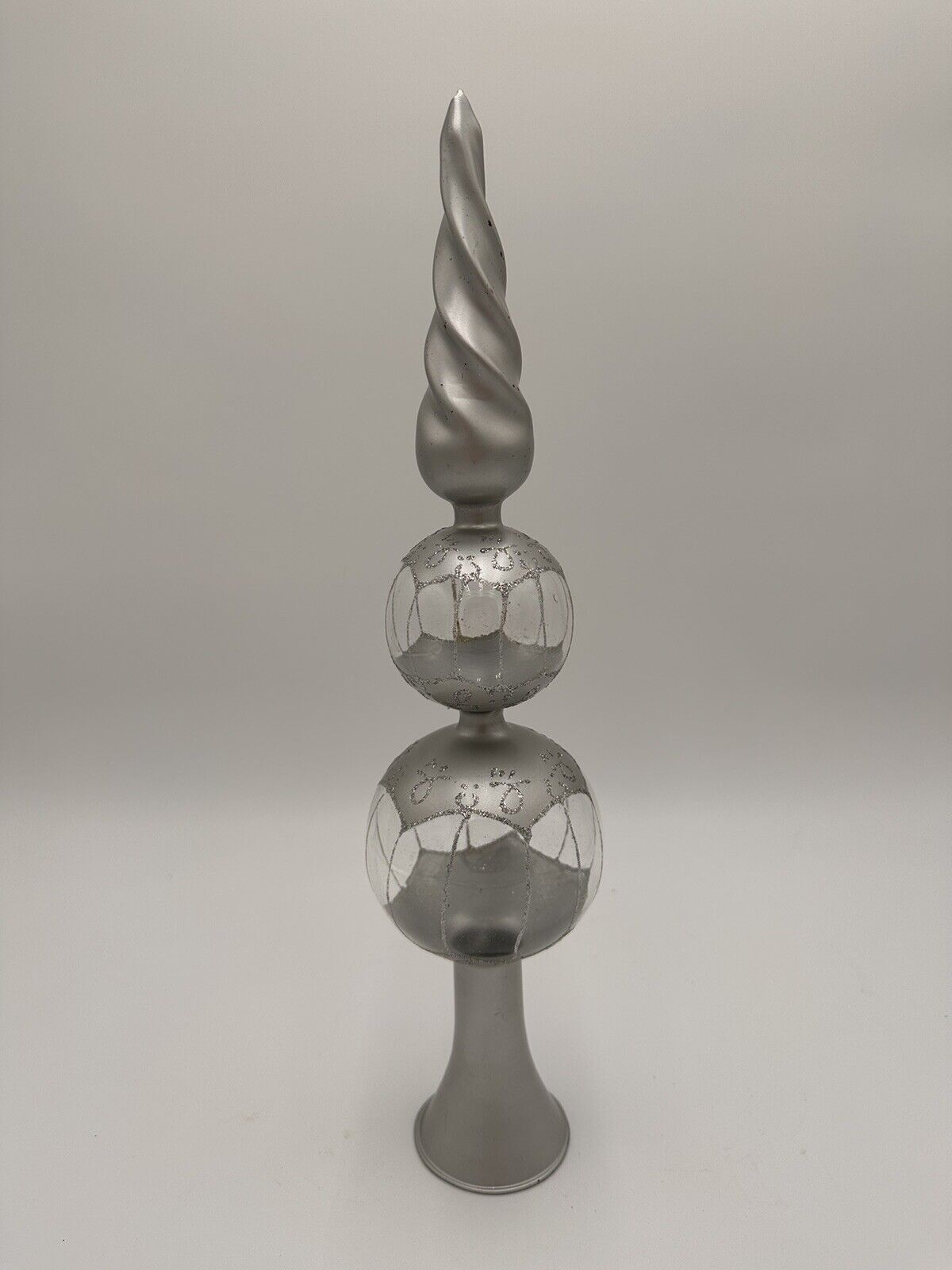 Vintage Handcrafted Glass Christmas Tree Top Finial Silver Retro Spiral Twist