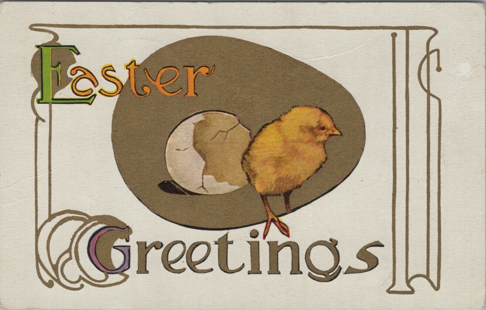 Easter Greetings chick egg gold egg outline c1910s postcard G158