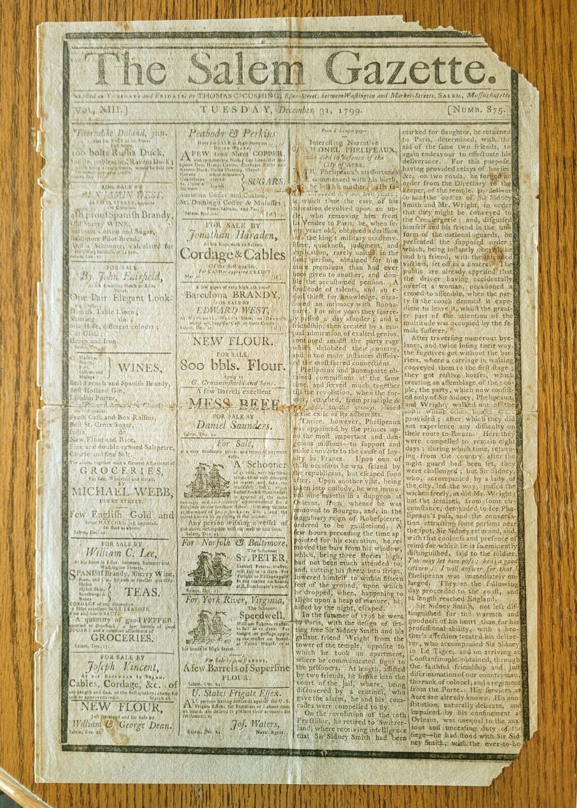 ORIGINAL NEWSPAPER - DEATH OF GEORGE WASHINGTON -THE SALEM GAZETTE – DEC 31 1799