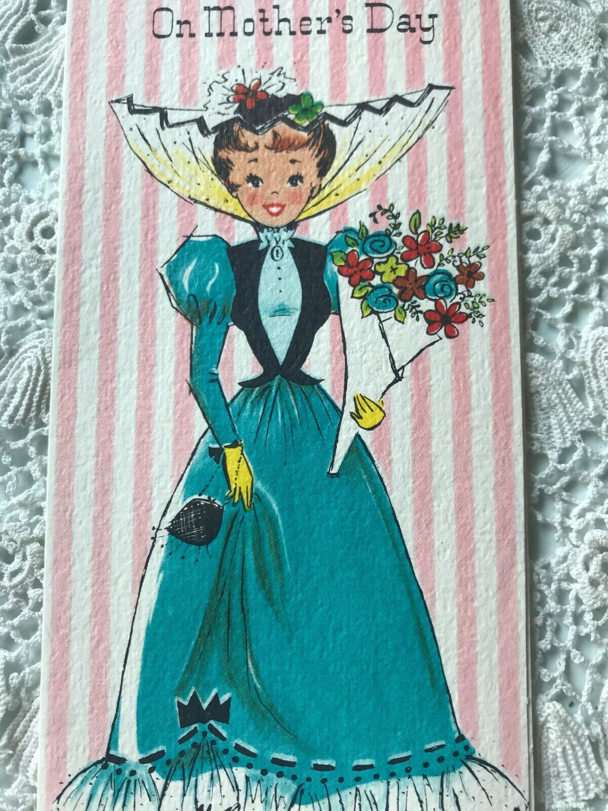 Vintage Mother’s Day Card Lady Turquoise Dress Victorian Pink Stripes Fancy