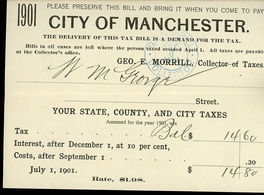 1901 City of Manchester New Hampshire Tax Bill