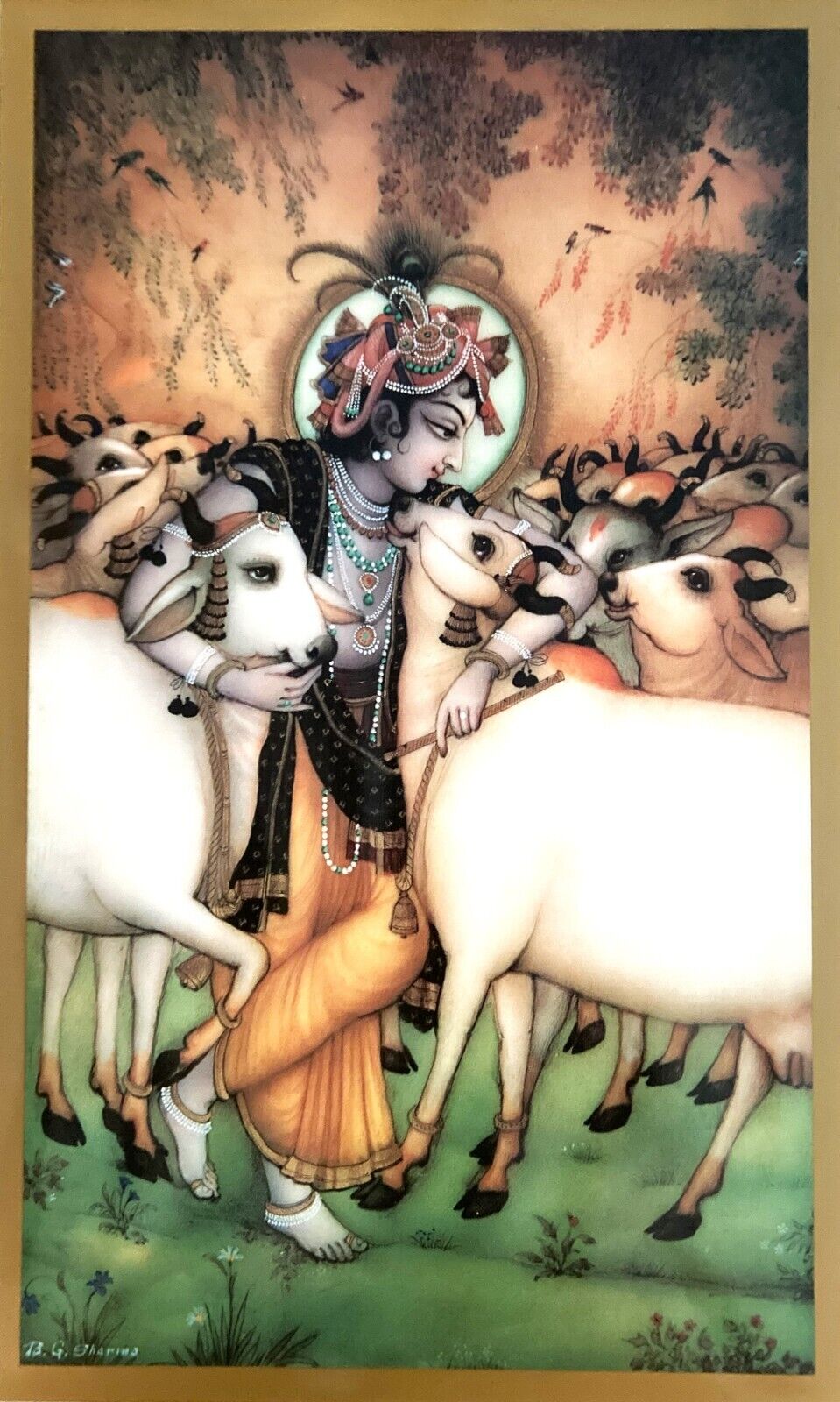 Krishna With Cows (2009) Painting Print on High Quality Cardstock 12X18 Poster