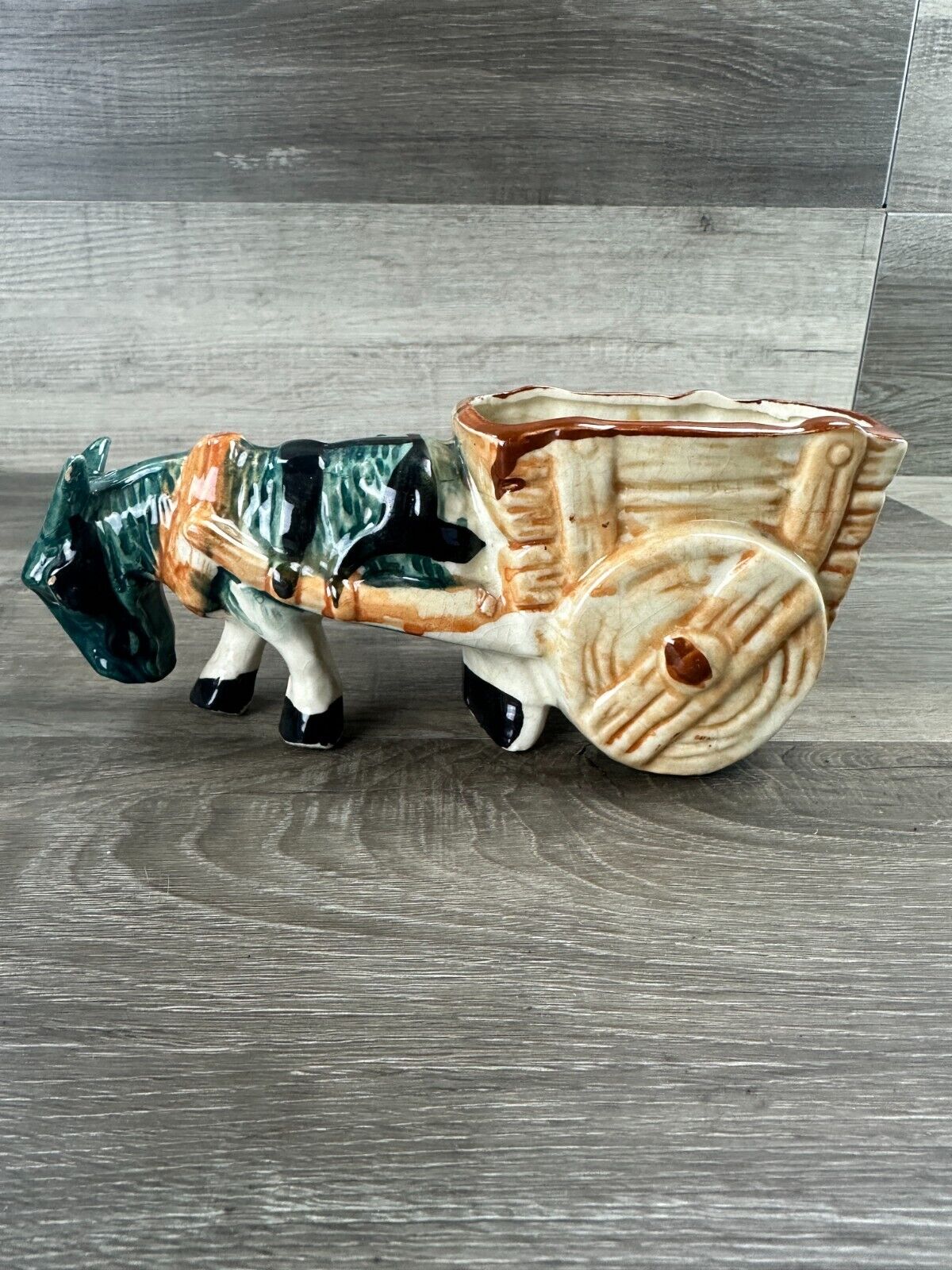 Vintage Donkey Pulling A Cart Occupied JAPAN Small Ceramic Planter 8\