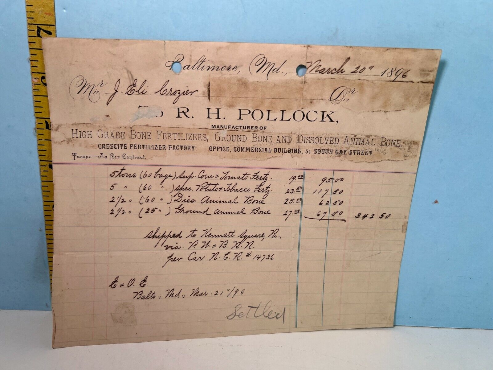 Baltimore 1896 R.H. Pollock High Grade Bone Fertilizers Sales Receipt