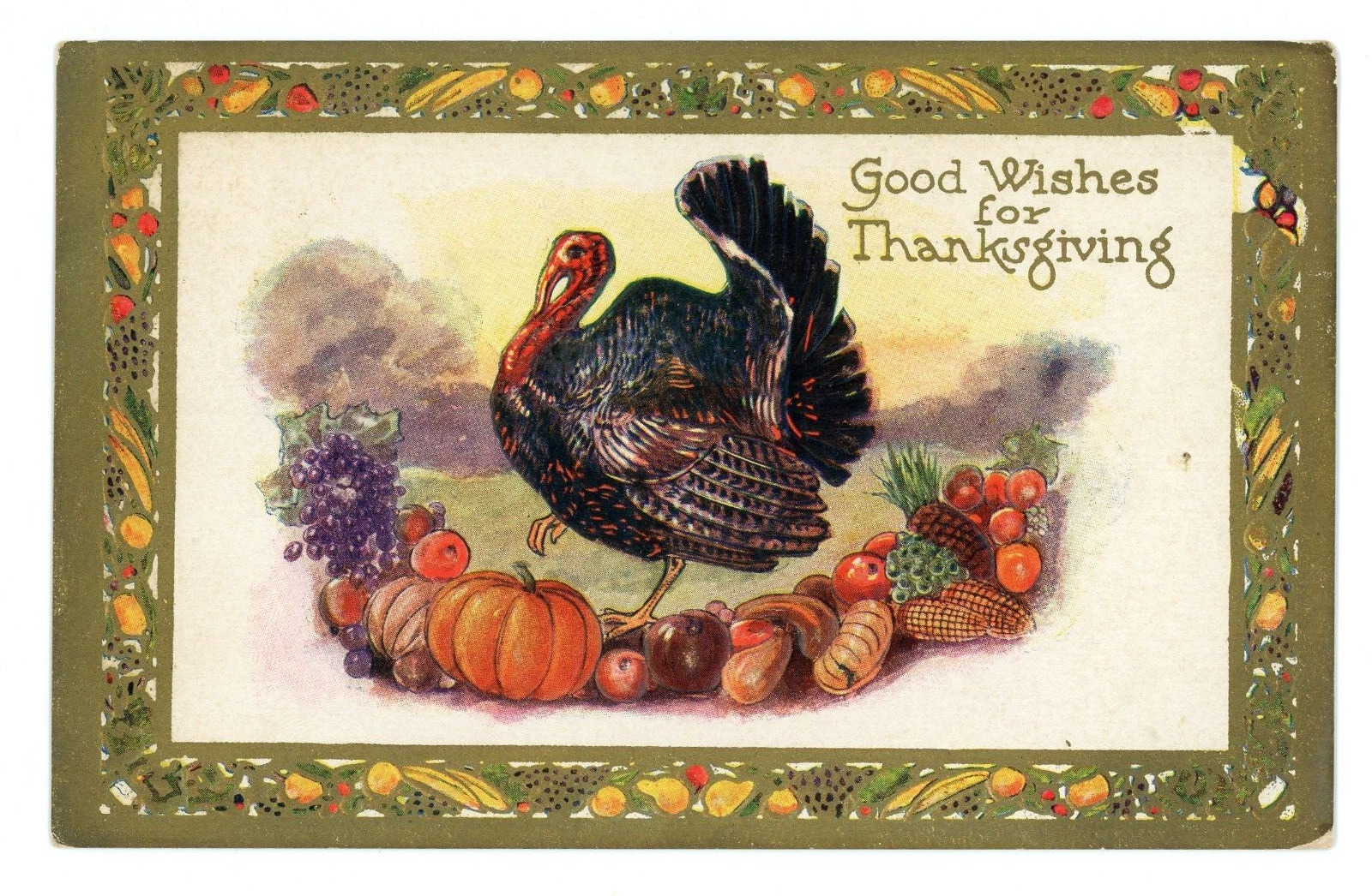 Antique Postcard Thanksgiving Day Good Wishes Embossed Turkey Pumpkins Posted
