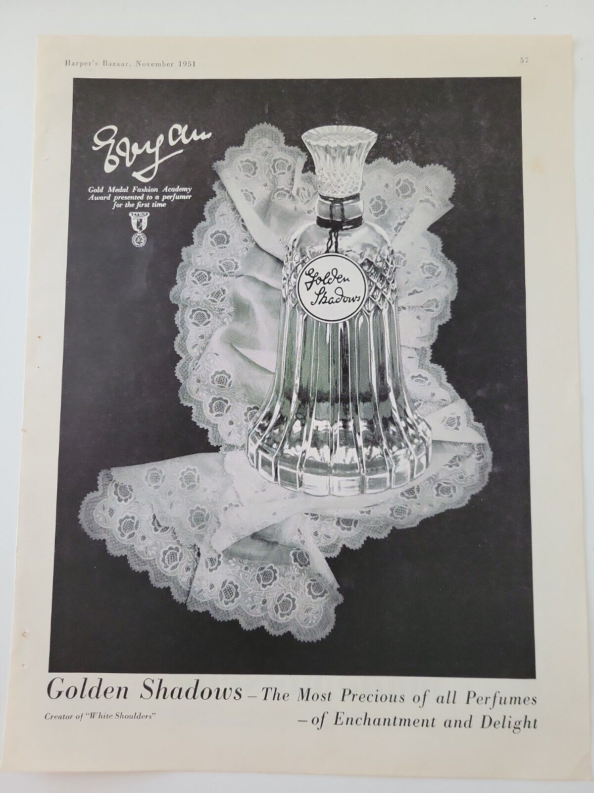 1951 Evyan Golden Shadows perfume bottles vintage ad