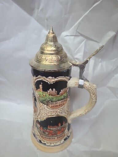 Vintage German Ceramic Beer Stein Pewter Lid Munchen, Wiesbadan No. 0003, 11.75\