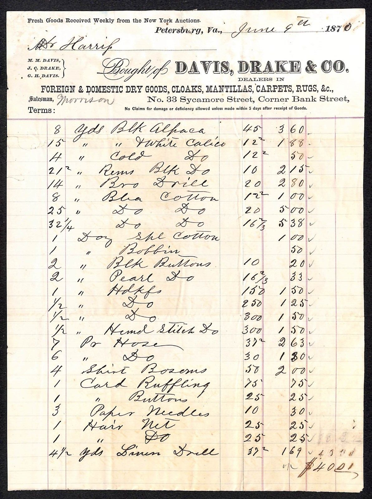 Petersburg, VA Davis, Drake & Co Dry Goods Cloaks Mantillas 1870 Billhead Scarce