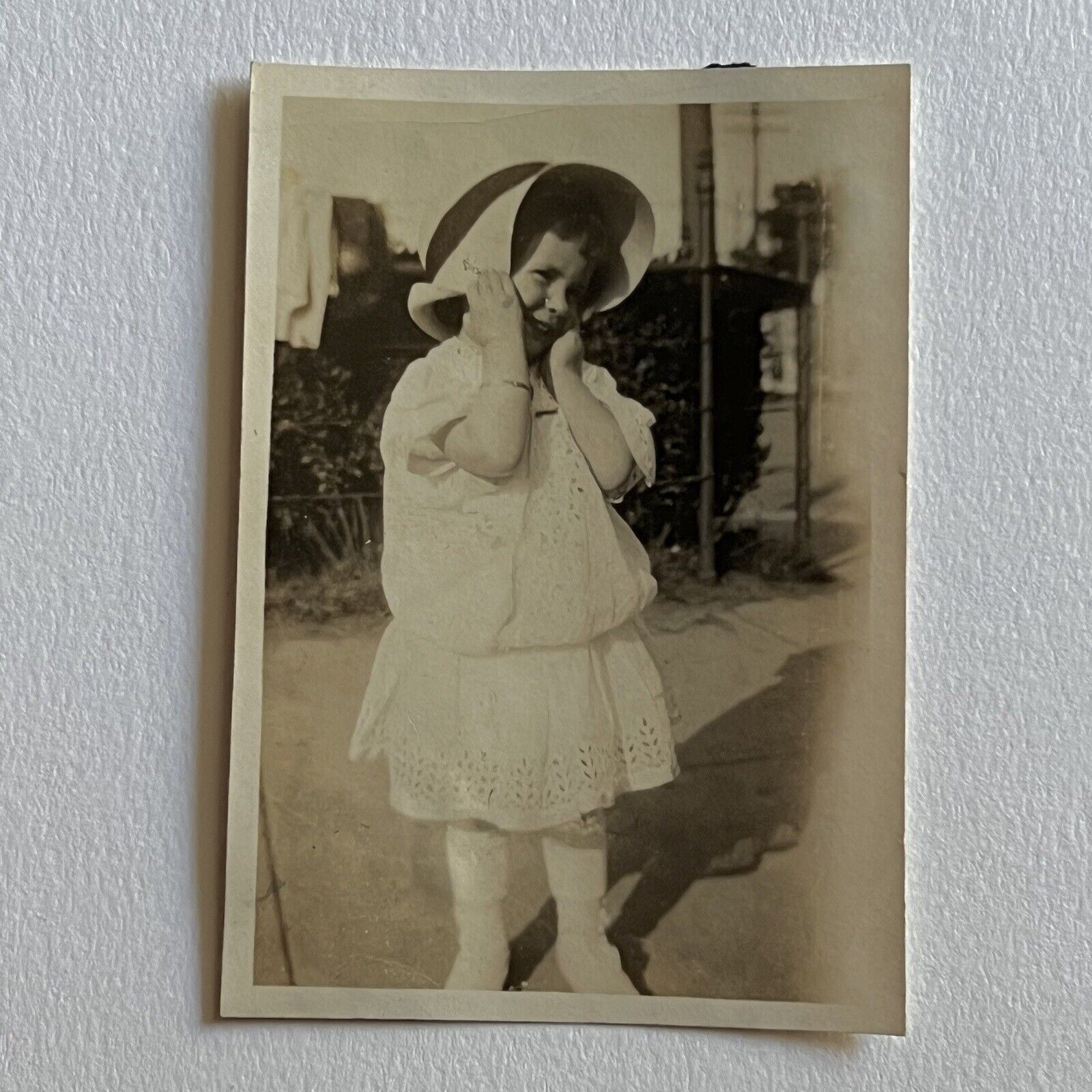 Antique Snapshot Photograph Adorable Little Girl Holding Bonnet Eyelet Lace