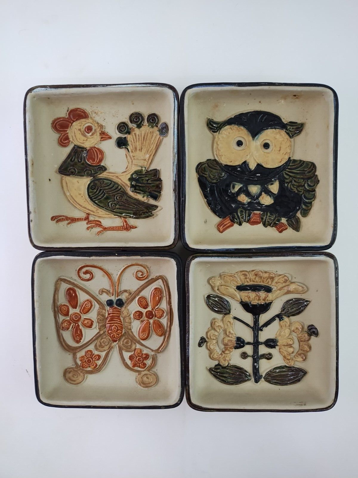 Set of 4 Vintage Pottery Trinket Candy Dish Hanging Retro Art Owl Rooster Flower